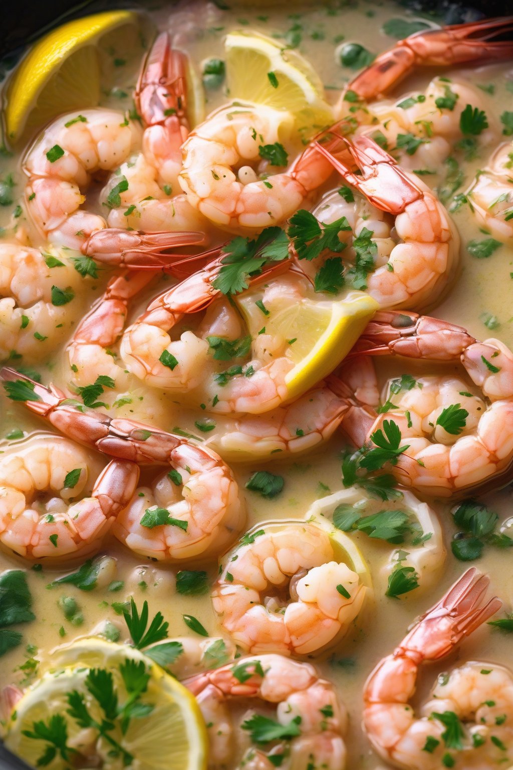 A high-resolution photo of plump pink shrimp in a bubbling lemon garlic butter sauce, garnished with parsley under soft lighting.