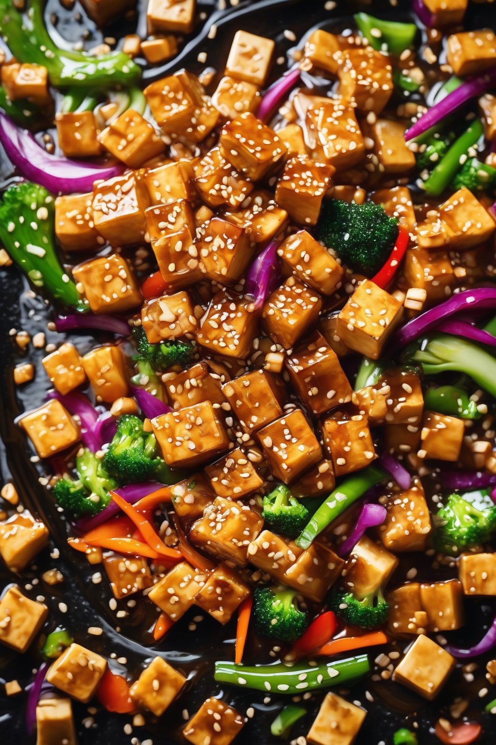 A high-resolution photo of golden tofu cubes tossed with colorful veggies in glossy teriyaki sauce, sesame seeds on top under soft lighting.