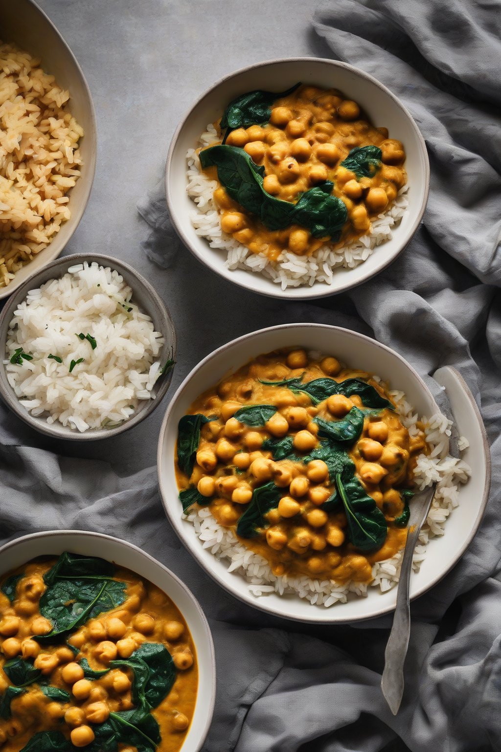 A high-resolution photo of creamy chickpea curry with wilted spinach over fluffy rice in a bowl under soft lighting.