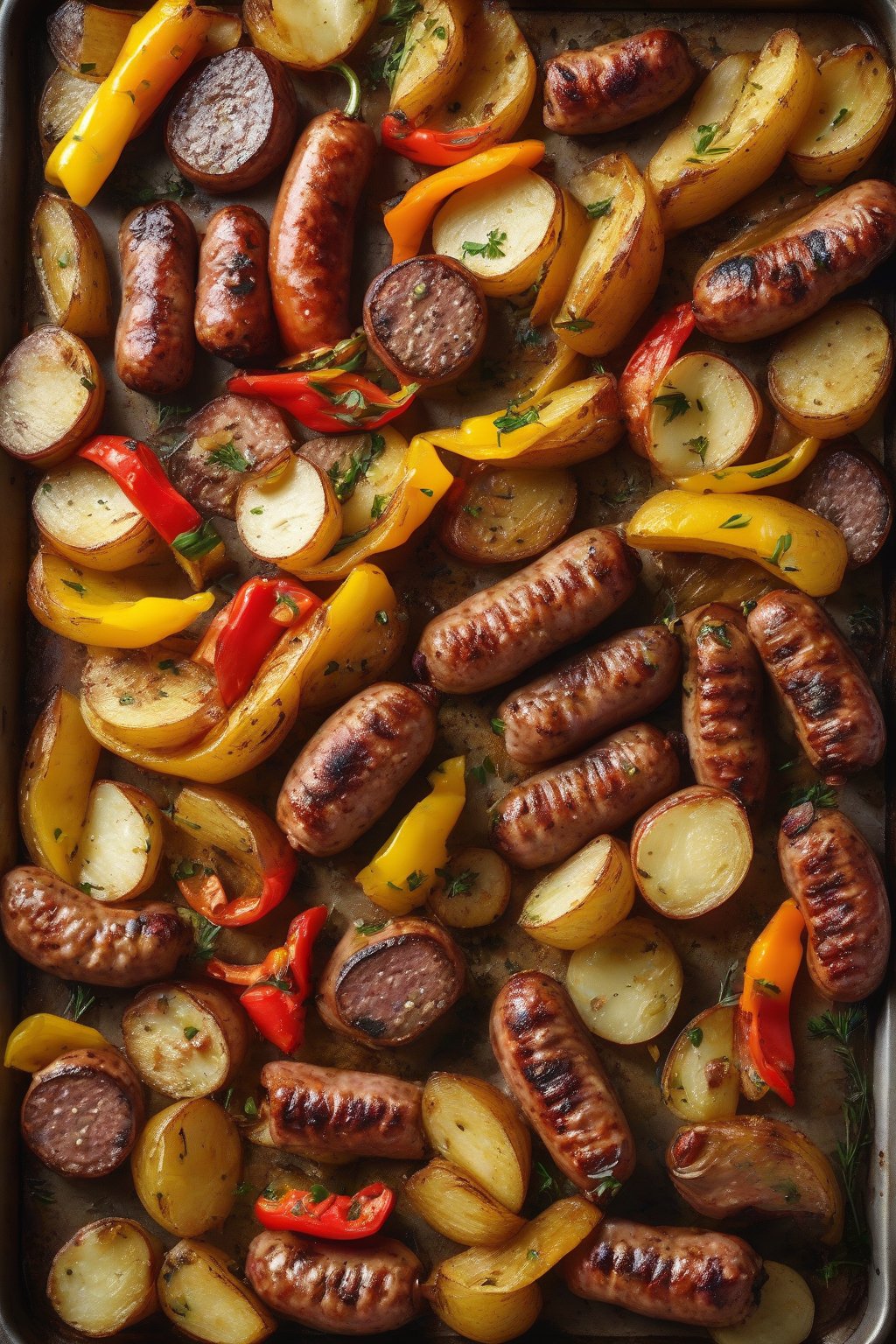 A high-resolution photo of roasted sausage links amid golden potatoes and colorful peppers on a sheet pan under soft lighting.