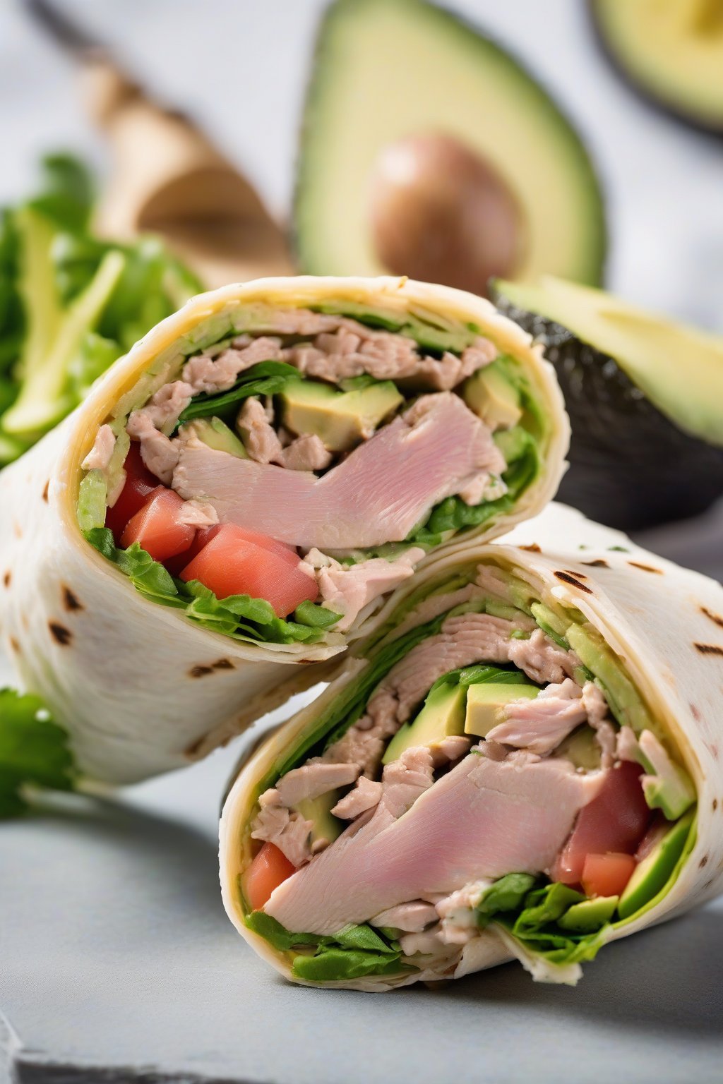 A high-resolution photo of fresh tuna avocado wraps sliced open, revealing creamy filling and crisp veggies under soft lighting.