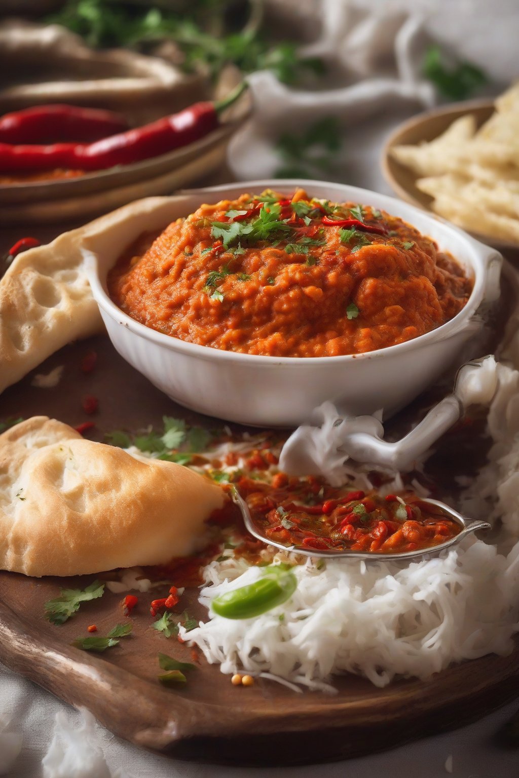 A close-up photo of fiery red spicy mashed pav bhaji with chili flecks, steam rising under soft lighting.