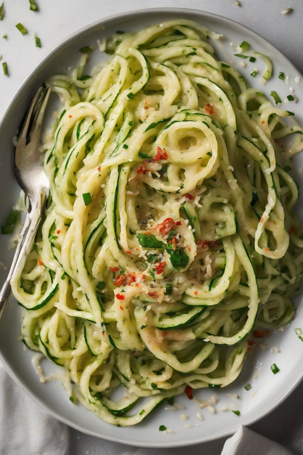 A high-resolution photo of twirly zucchini noodles coated in garlic parmesan sauce, sprinkled with chili under soft lighting.