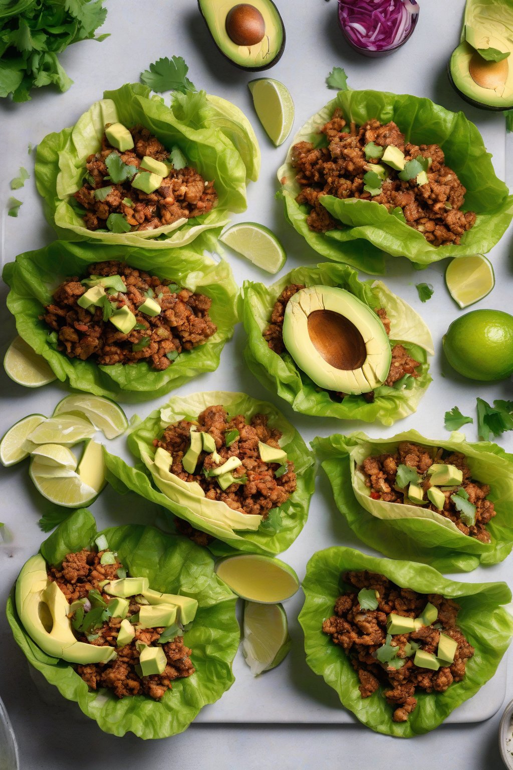 A high-resolution photo of spiced turkey taco filling piled in crisp lettuce cups with avocado slices under soft lighting.