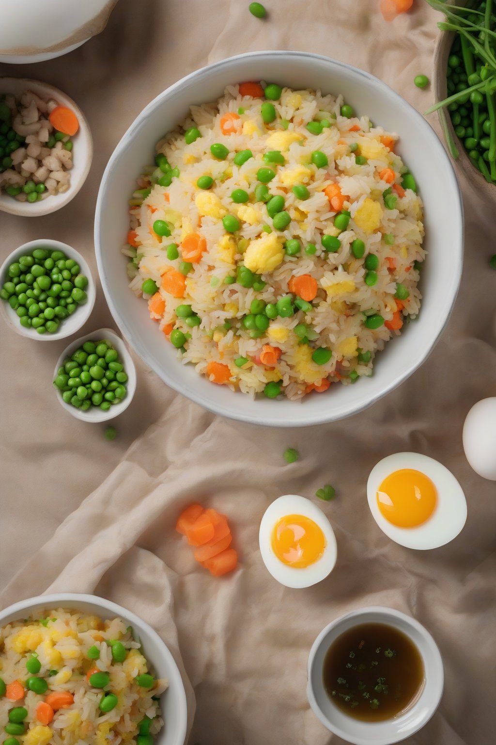 A high-resolution photo of fluffy egg fried rice with peas, carrots, and scrambled eggs under soft lighting.