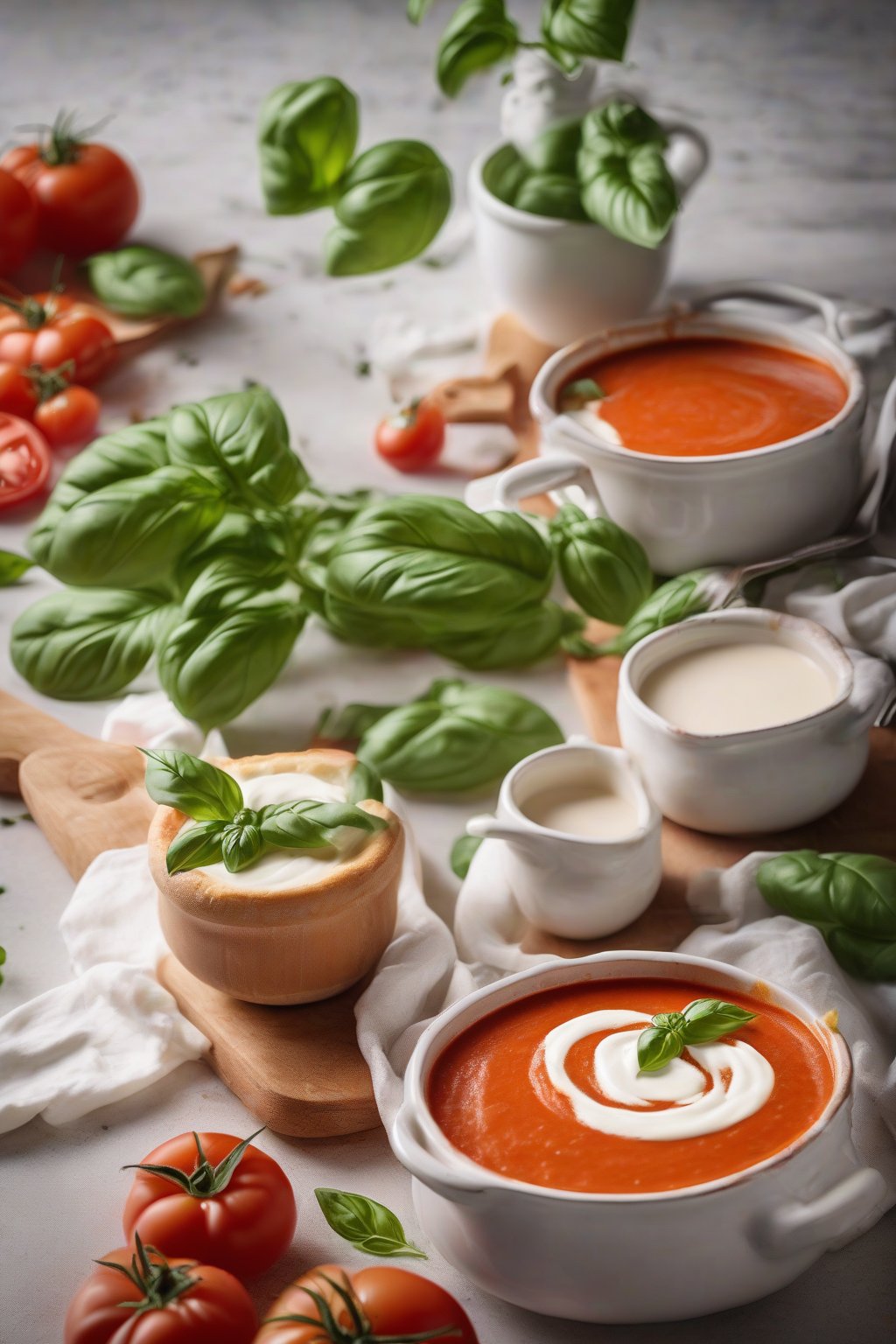 A high-resolution photo of velvety tomato basil soup swirled with cream, fresh basil leaves on top under soft lighting.
