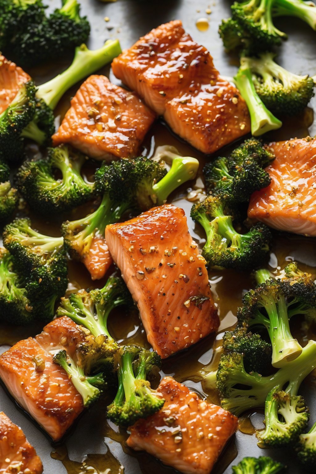 A high-resolution photo of bite-sized crispy salmon pieces glazed in honey mustard next to roasted broccoli under soft lighting.