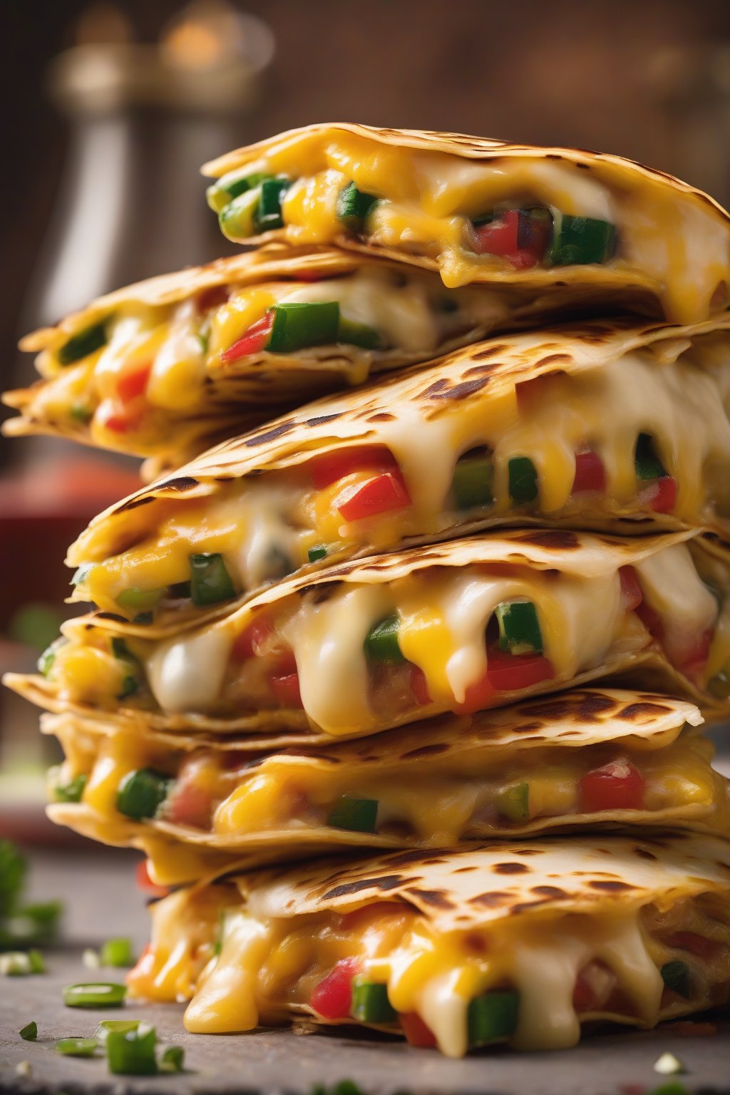A high-resolution photo of golden quesadilla stacks oozing cheese with colorful veggie filling under soft lighting.