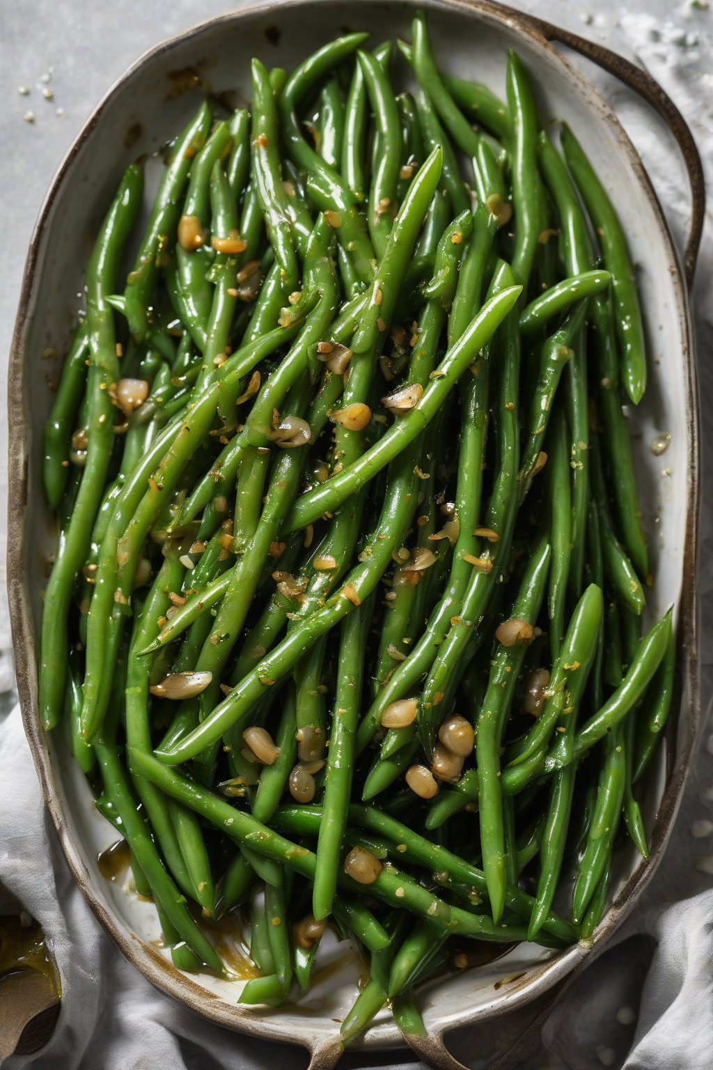A high-resolution photo of sautéed garlic green beans glistening with olive oil, garnished with fresh parsley, under soft lighting.
