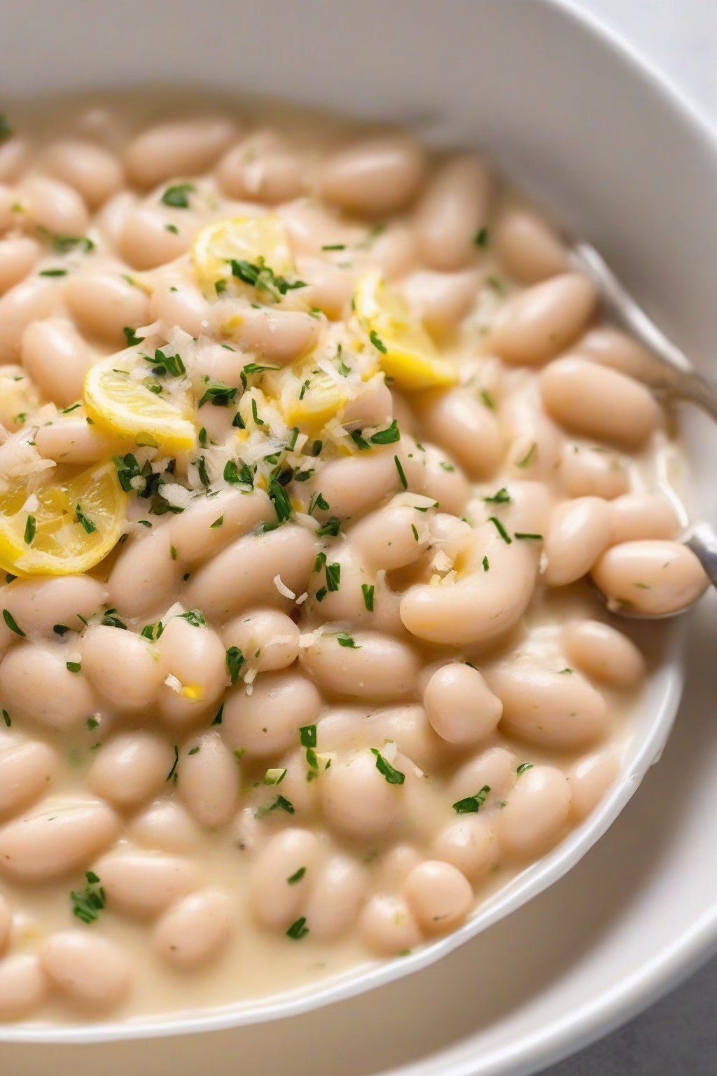 A high-resolution photo of creamy lemon Parmesan white beans in a white bowl, topped with lemon zest and cheese shavings, under soft lighting.