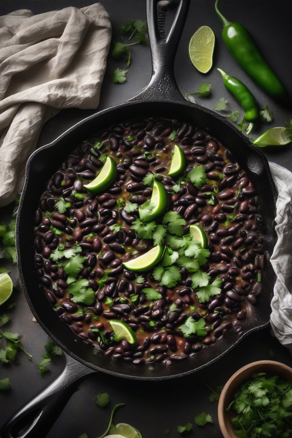 A high-resolution photo of spicy black beans with jalapeño slices and cilantro, steaming in a cast-iron skillet, under soft lighting.