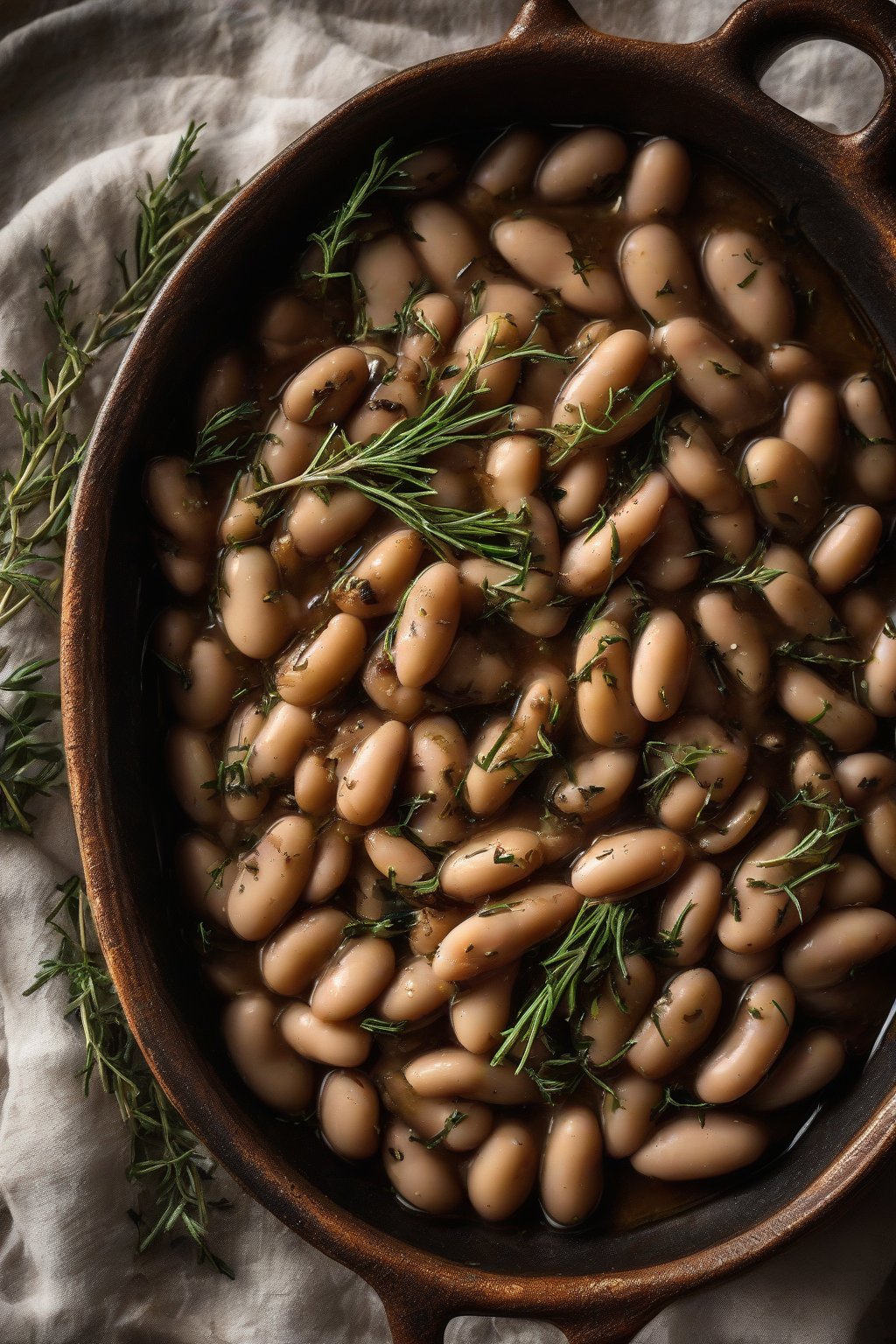 A high-resolution photo of glossy balsamic cannellini beans with thyme sprigs, in a rustic dish, under soft lighting.