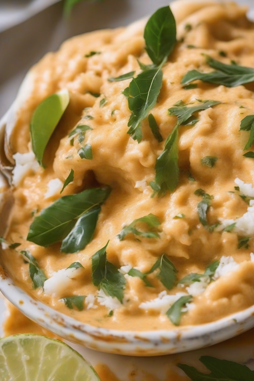 A close-up photo of creamy white coconut mashed pav bhaji swirled with curry leaves, lime wedge aside under soft lighting.