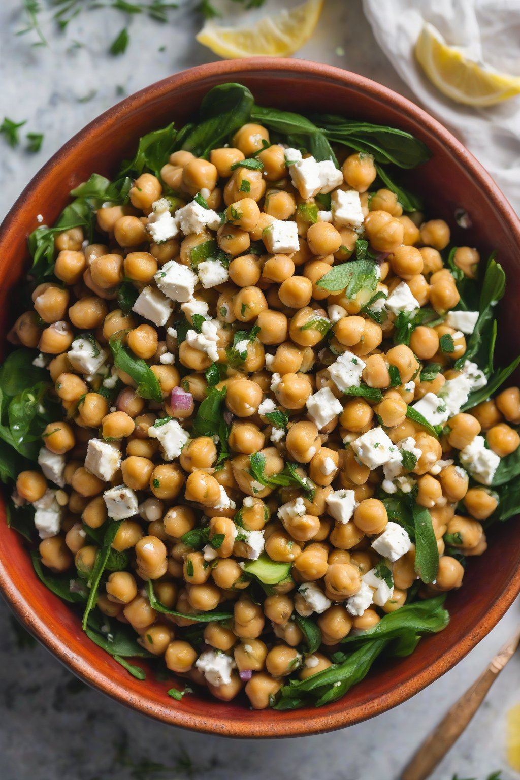 A high-resolution photo of herbed chickpea salad with lemon wedges and feta, in a colorful bowl, under soft lighting.