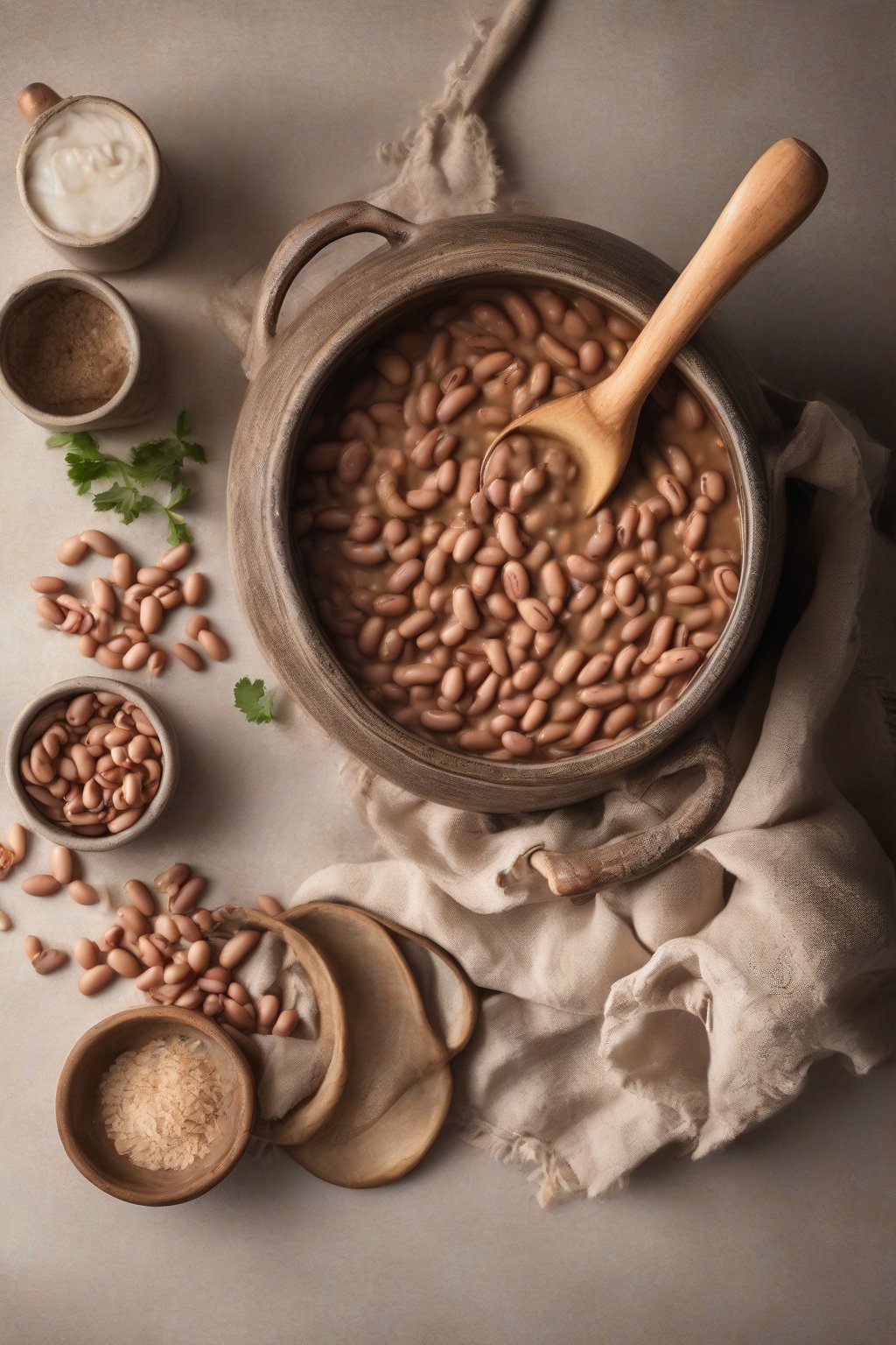 A high-resolution photo of creamy Southern pinto beans with a wooden spoon, in a vintage pot, under soft lighting.