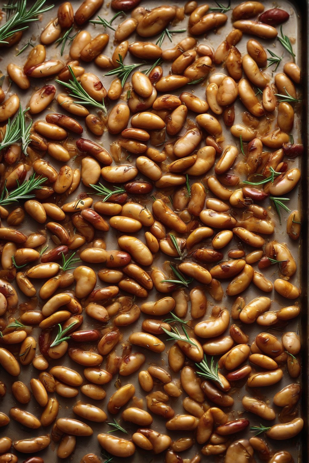 A high-resolution photo of golden roasted kidney beans sprinkled with rosemary, on a baking sheet, under soft lighting.
