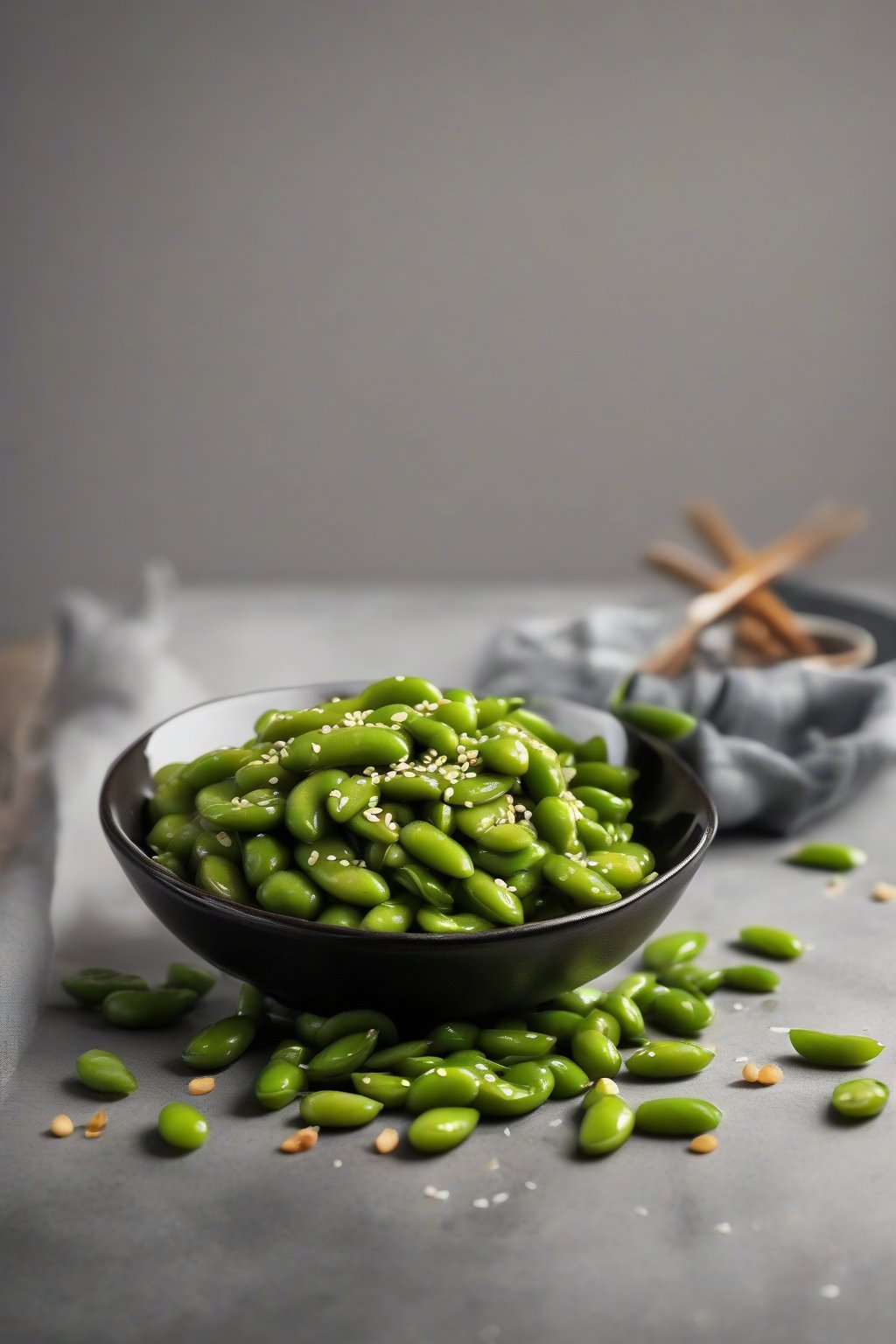 A high-resolution photo of glazed honey soy edamame with sesame seeds, in a black bowl, under soft lighting.