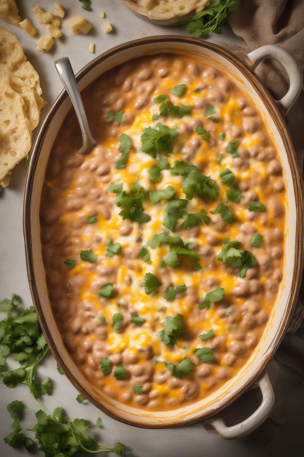 A high-resolution photo of cheesy refried beans bubbling with melted cheddar and cilantro, under soft lighting.