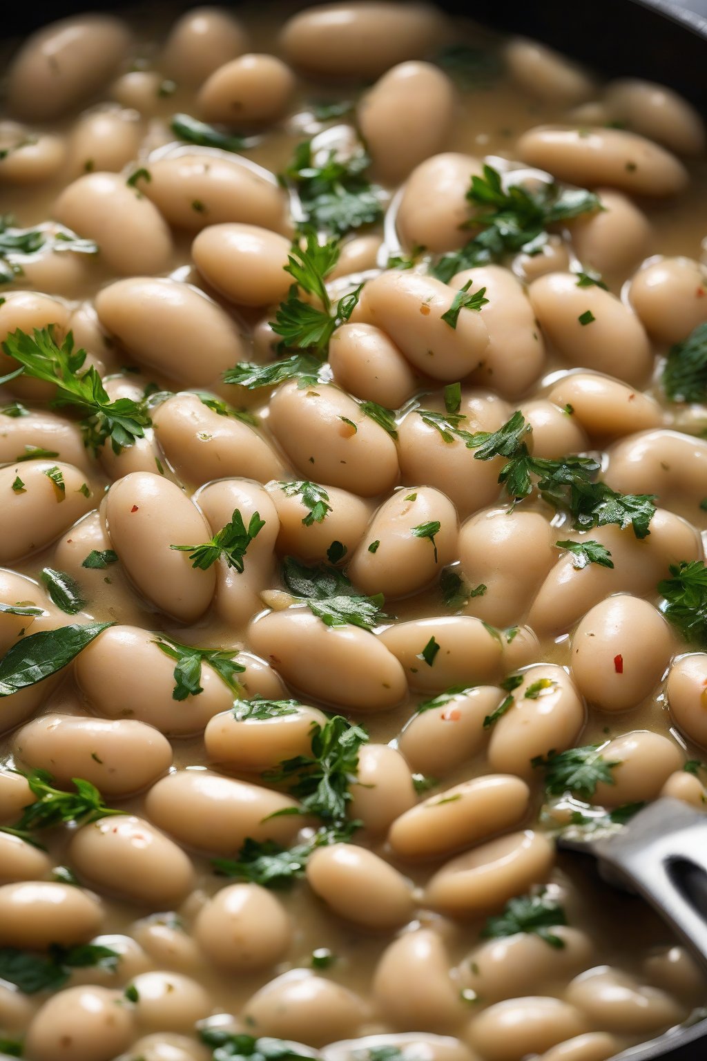 A high-resolution photo of saucy Italian white beans with herbs, in a skillet, under soft lighting.