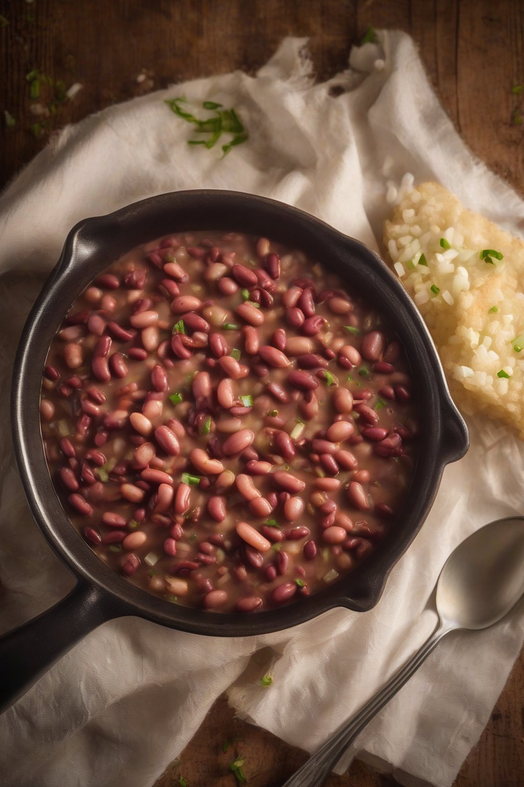 A high-resolution photo of Cajun red beans with diced onions, steaming hot, under soft lighting.