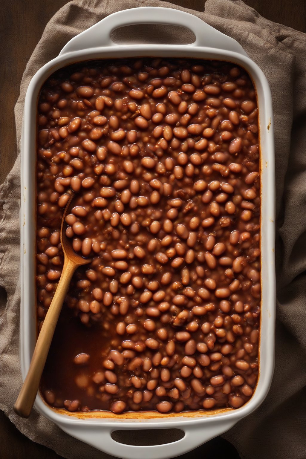 A high-resolution photo of bubbly maple baked beans in a casserole dish, under soft lighting.