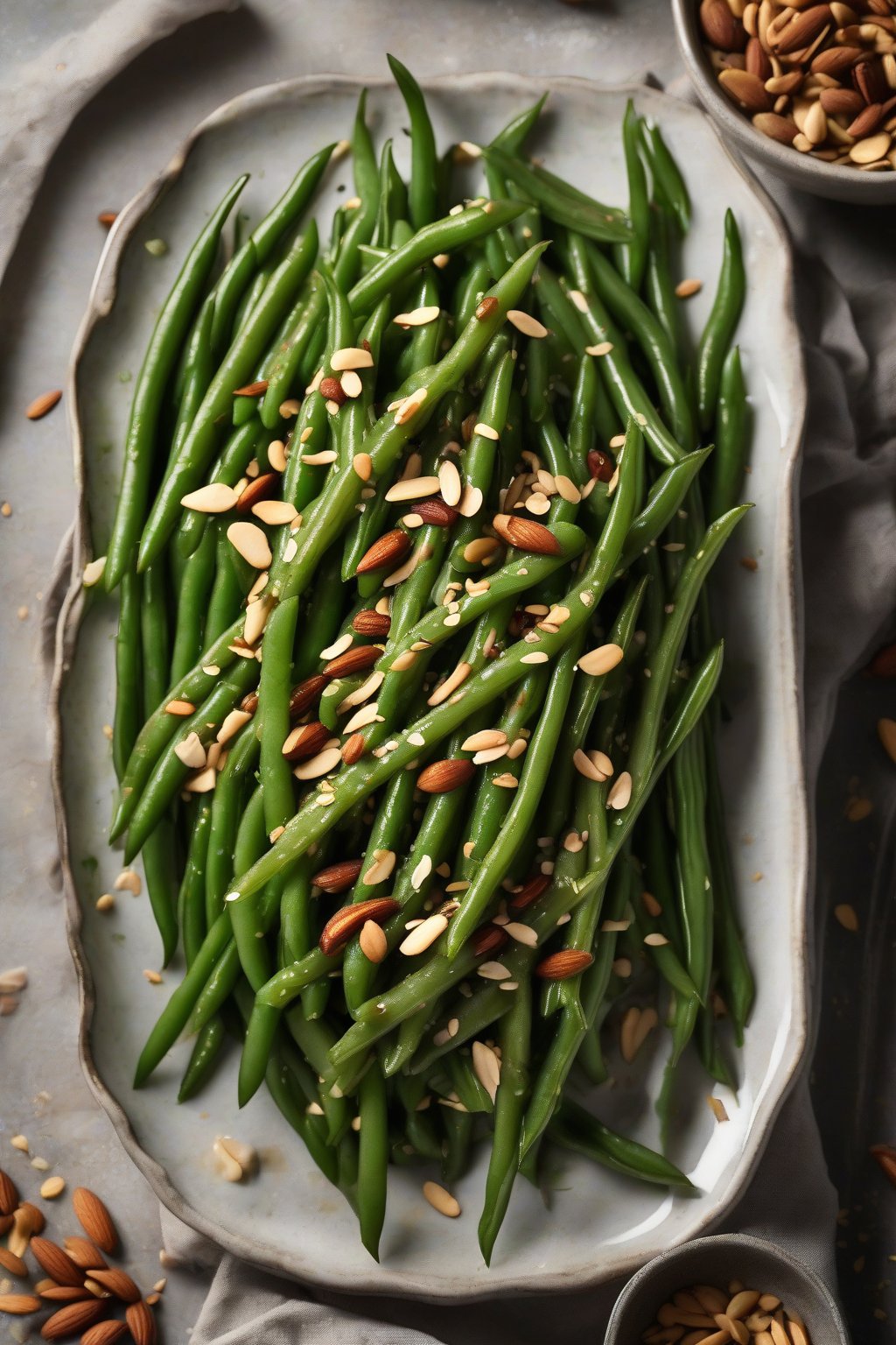 A high-resolution photo of sesame green beans topped with toasted almonds, under soft lighting.