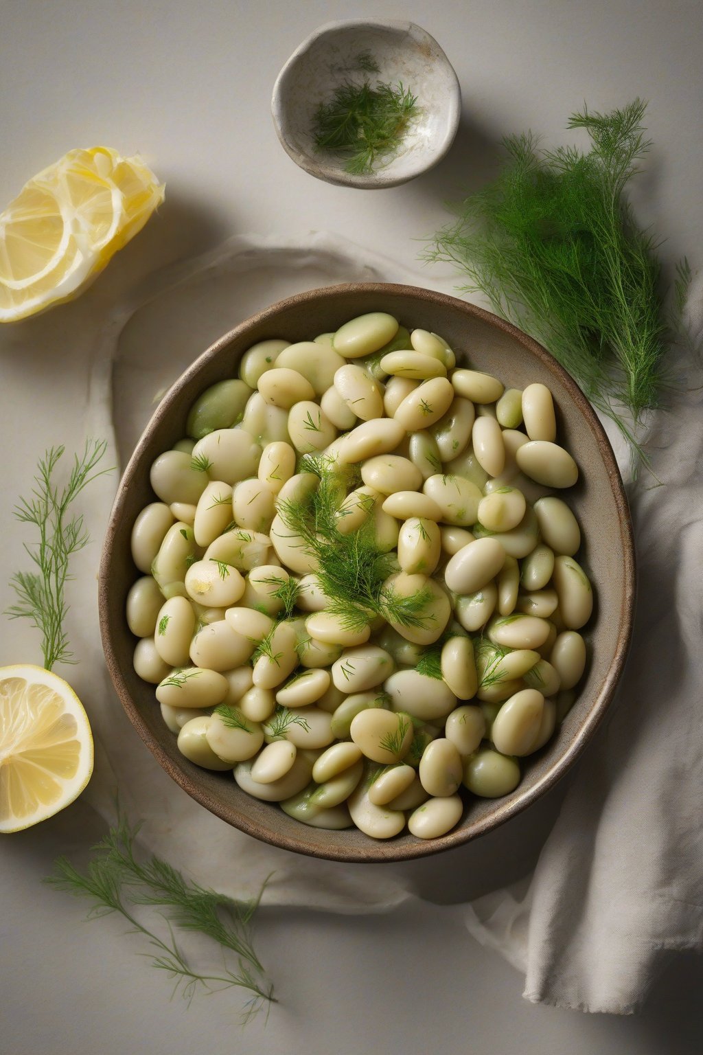 A high-resolution photo of buttery lima beans garnished with dill and lemon, in a shallow bowl, under soft lighting.