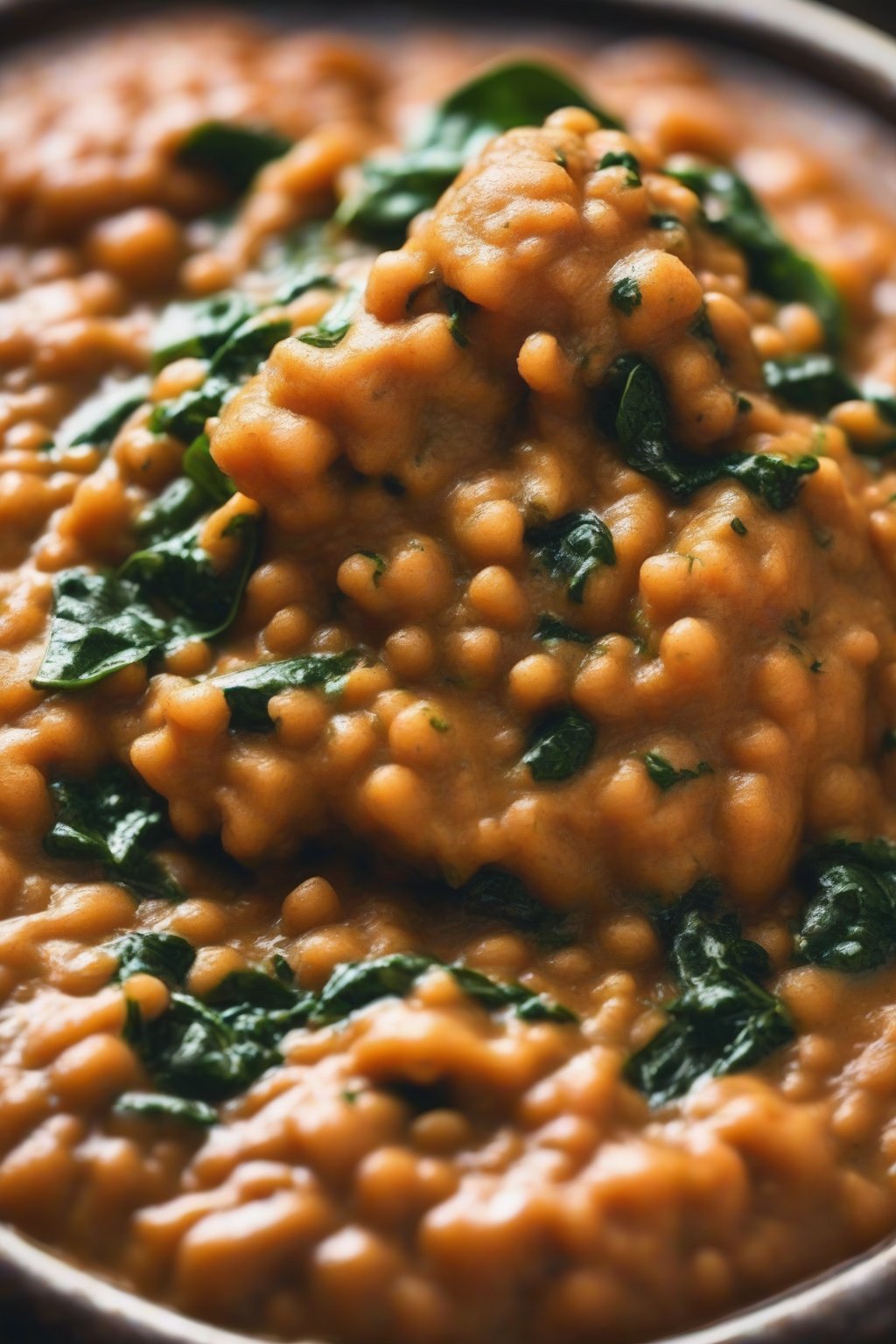 A close-up photo of thick lentil-flecked mashed pav bhaji with spinach bits, drizzled butter under soft lighting.