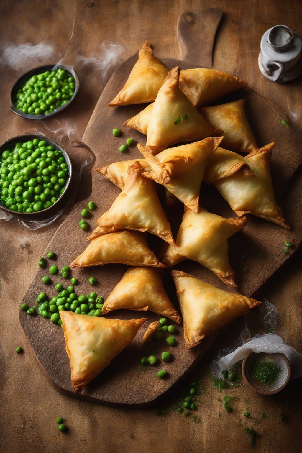 A high-resolution photo of golden crispy potato and pea samosas on a wooden board with steam rising, under soft lighting.