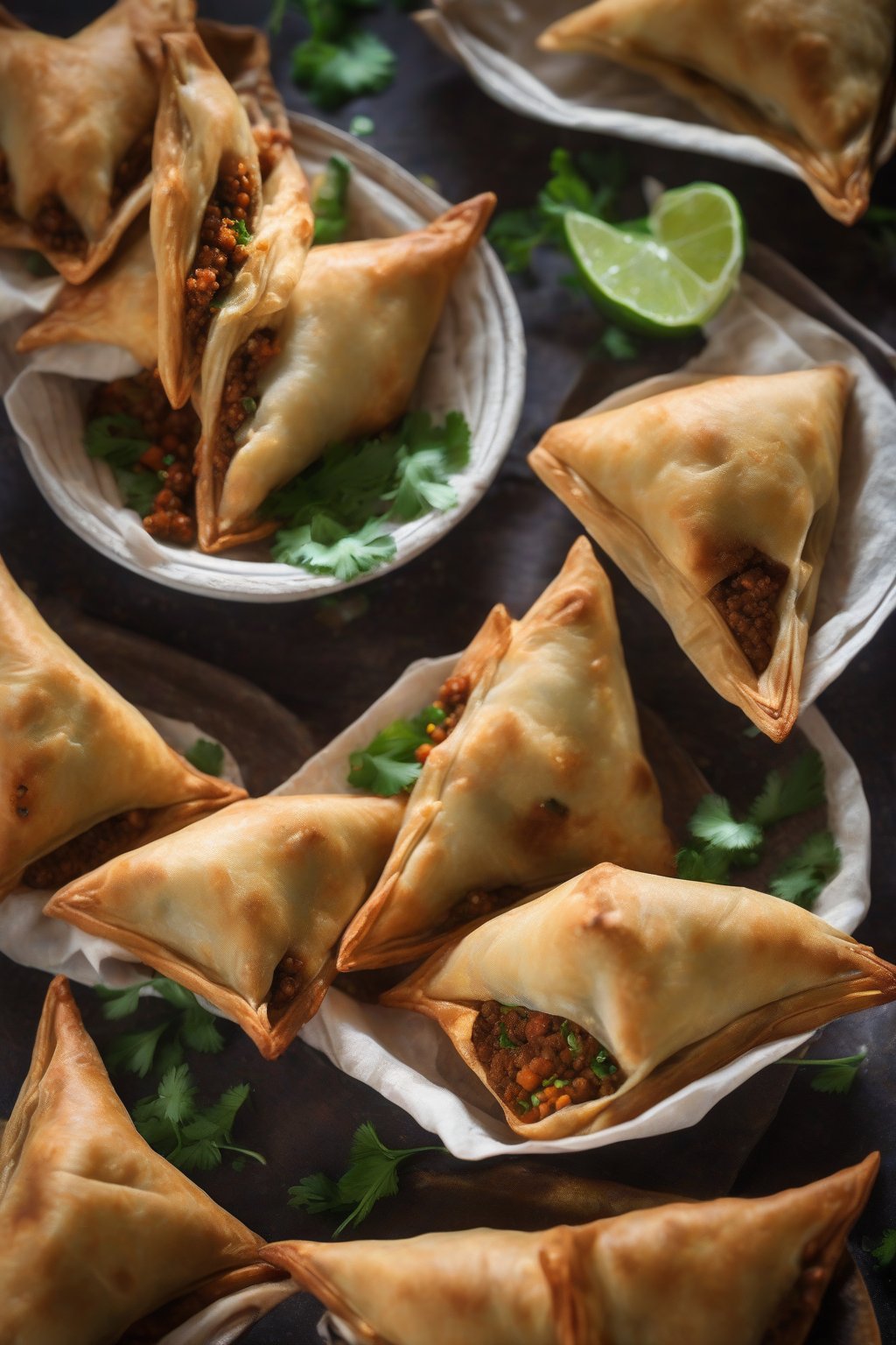 A high-resolution photo of lamb keema samosas cut open revealing spicy minced meat, garnished with cilantro, under soft lighting.
