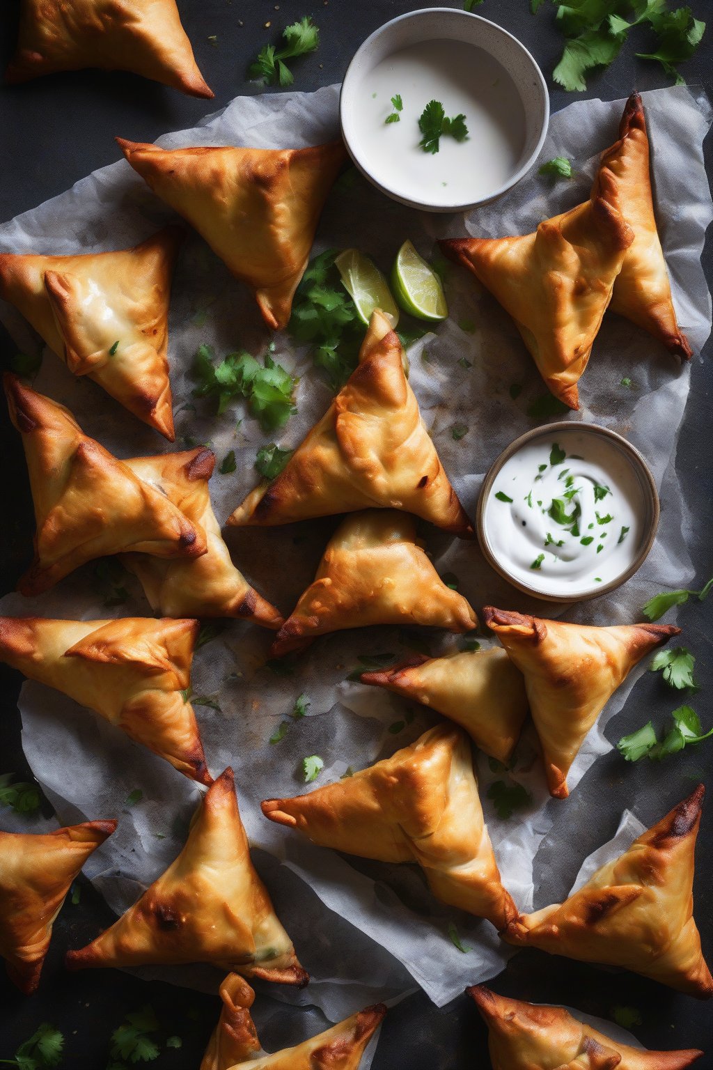 A high-resolution photo of chicken tikka samosas with charred edges and yogurt drizzle, under soft lighting.