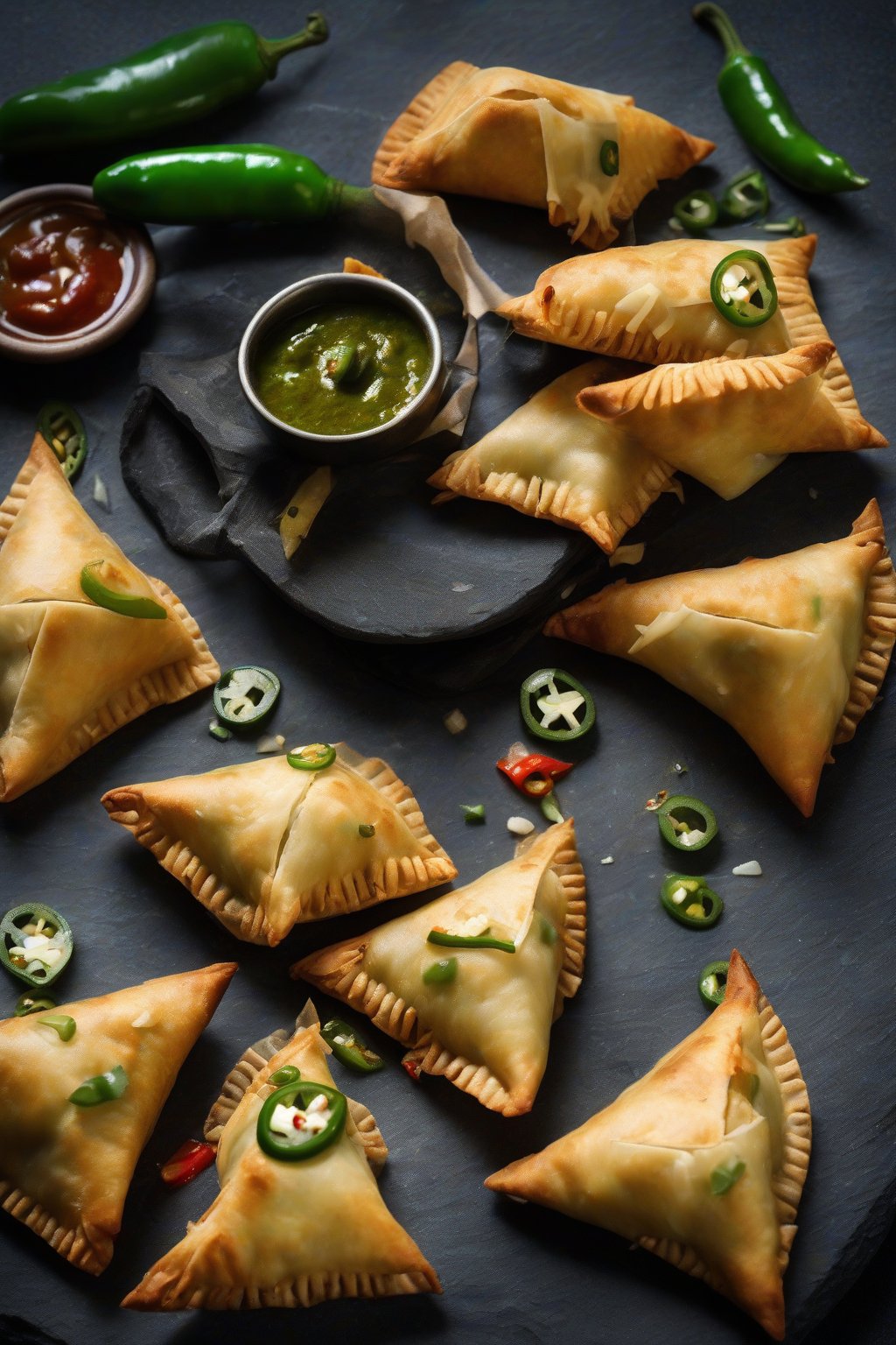 A high-resolution photo of paneer samosas oozing cheese with jalapeño slices, on a slate plate, under soft lighting.
