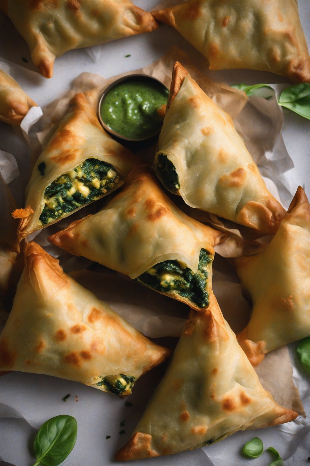 A high-resolution photo of vibrant green spinach paneer samosas stacked high, under soft lighting.