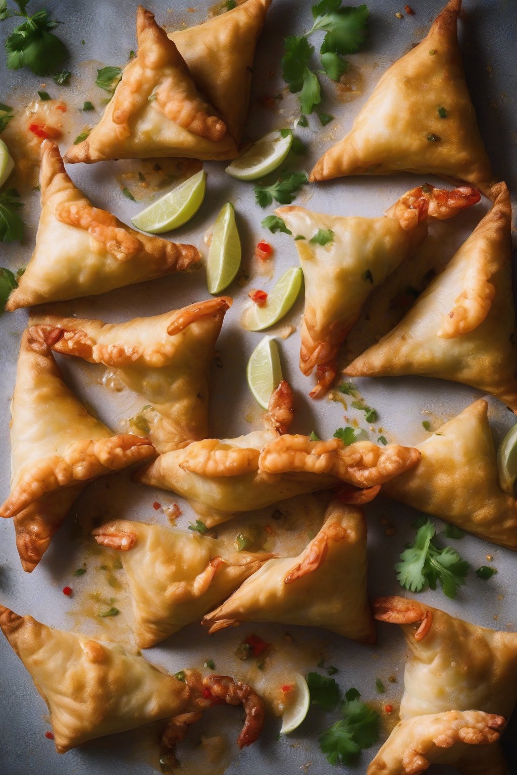 A high-resolution photo of prawn samosas with tail peeking out and curry flecks, under soft lighting.