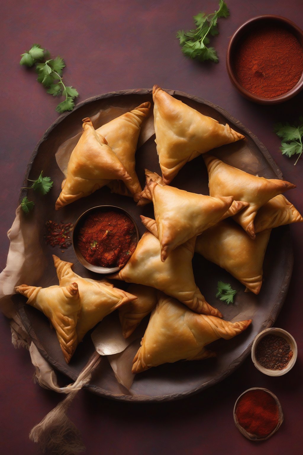 A high-resolution photo of earthy mushroom samosas with deep red spice coating, under soft lighting.