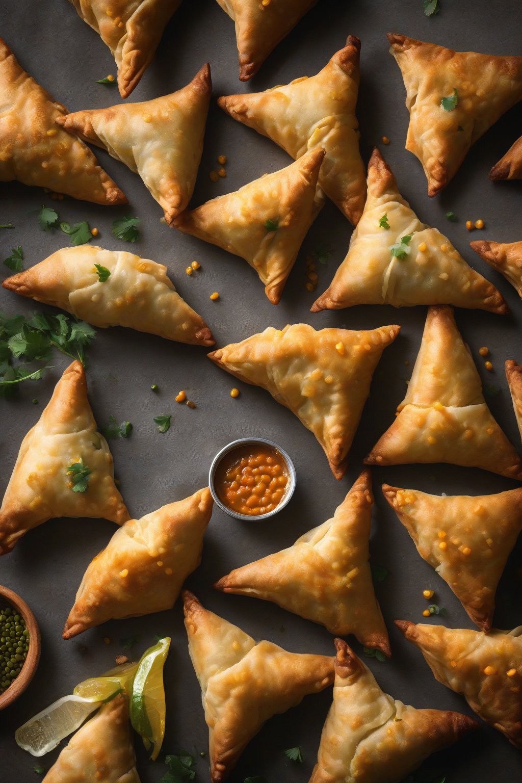 A high-resolution photo of lentil samosas bursting with orange filling, under soft lighting.