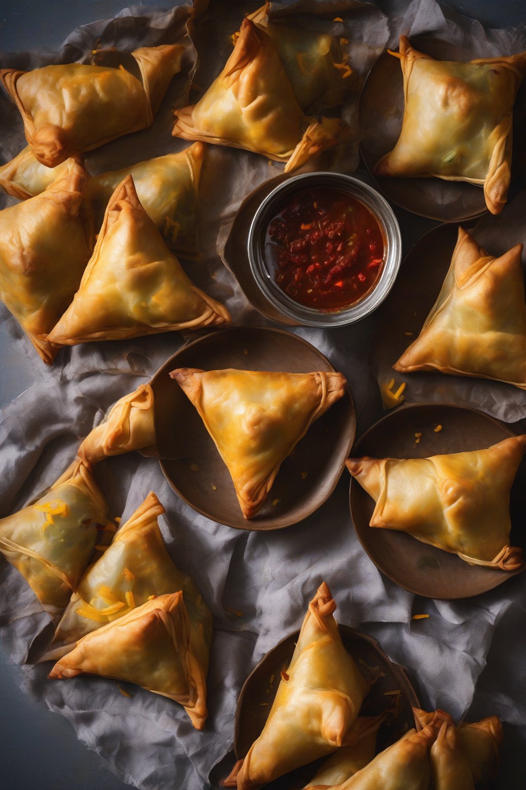 A high-resolution photo of beef samosas infused with saffron strands, under soft lighting.
