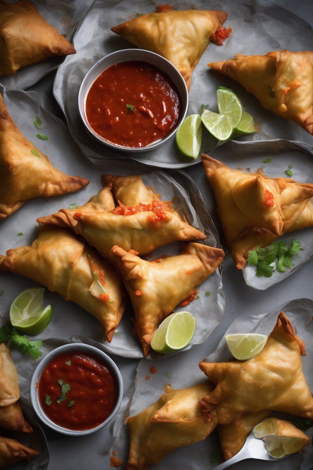 A high-resolution photo of fish samosas flaking apart with red vindaloo sauce, under soft lighting.