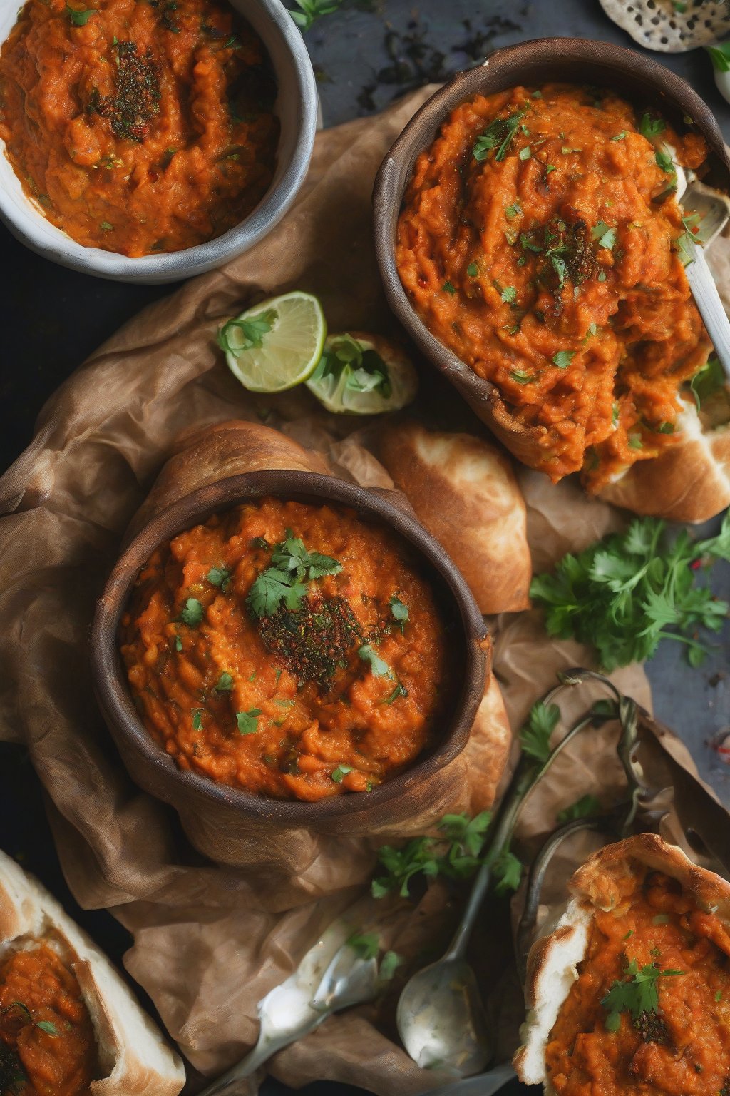 A close-up photo of smoky roasted veggie mashed pav bhaji with charred pepper bits, herb sprinkle under soft lighting.