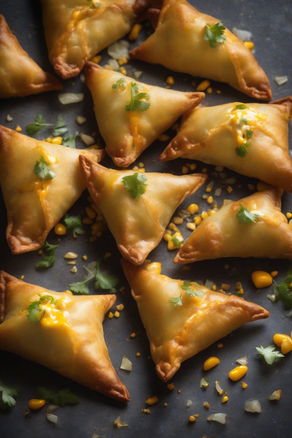 A high-resolution photo of corn samosas with melted cheese pull and habanero flecks, under soft lighting.