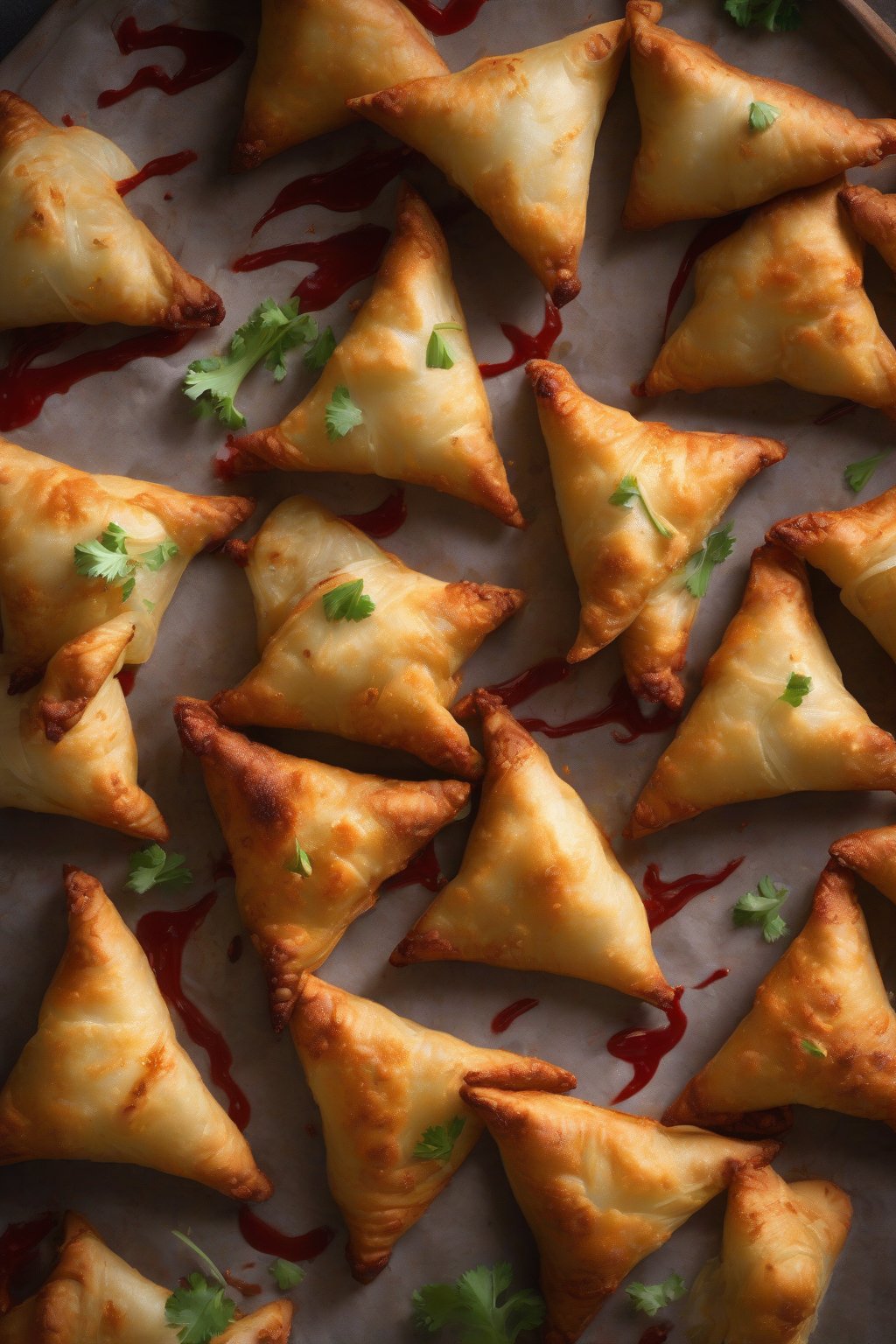 A high-resolution photo of cauliflower potato samosas with fiery red streaks, under soft lighting.