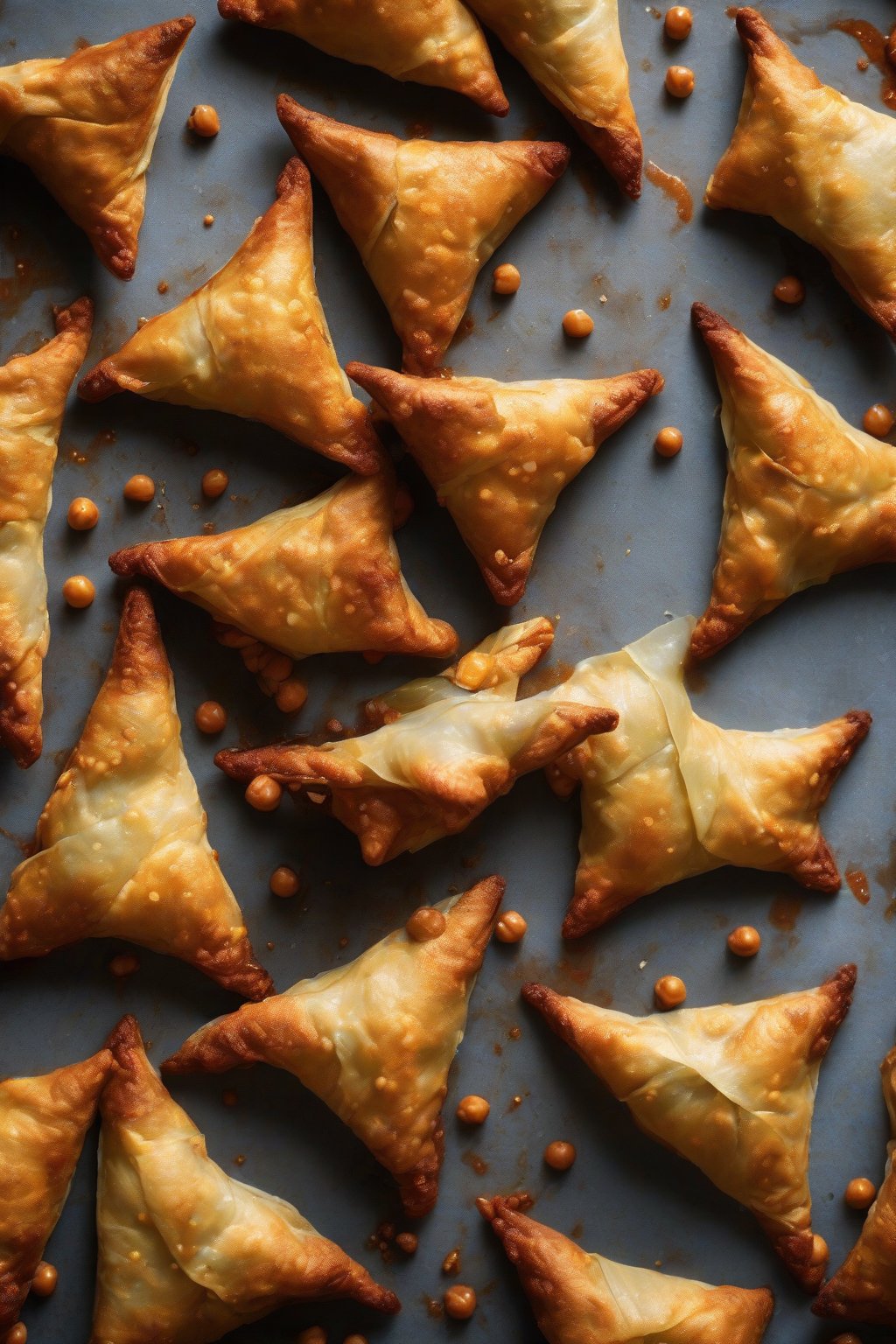 A high-resolution photo of chickpea samosas textured and harissa-stained, under soft lighting.