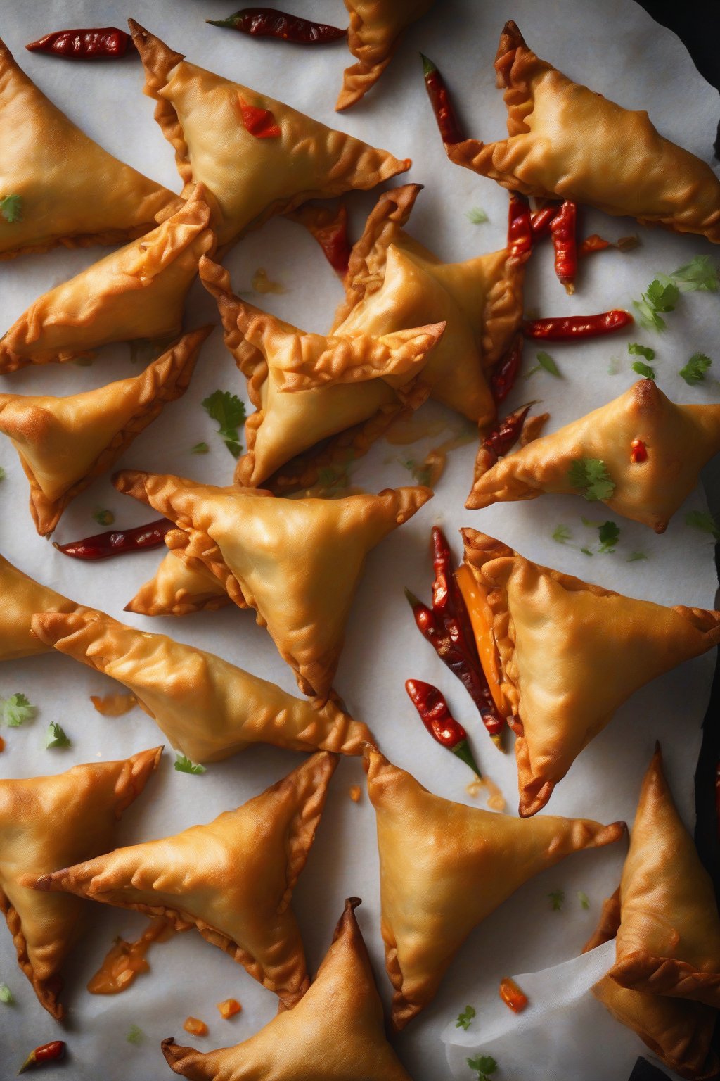 A high-resolution photo of sweet potato samosas with glossy skins and chili garnish, under soft lighting.