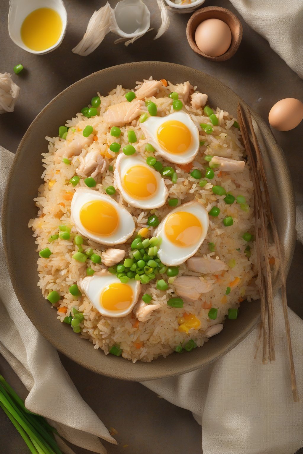 A high-resolution photo of steaming classic chicken fried rice with golden eggs and green onions under soft lighting.