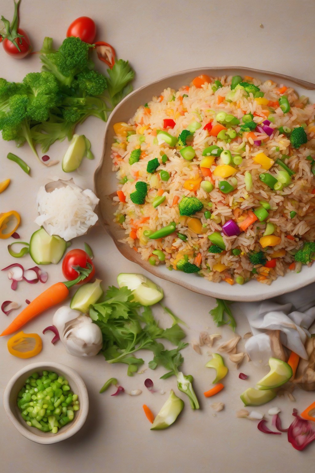 A high-resolution photo of vibrant veggie-packed fried rice with colorful vegetables under soft lighting.