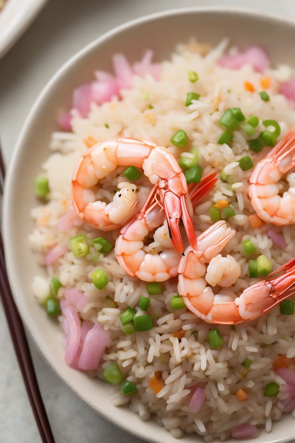 A high-resolution photo of shrimp fried rice with plump pink shrimp and fluffy rice under soft lighting.