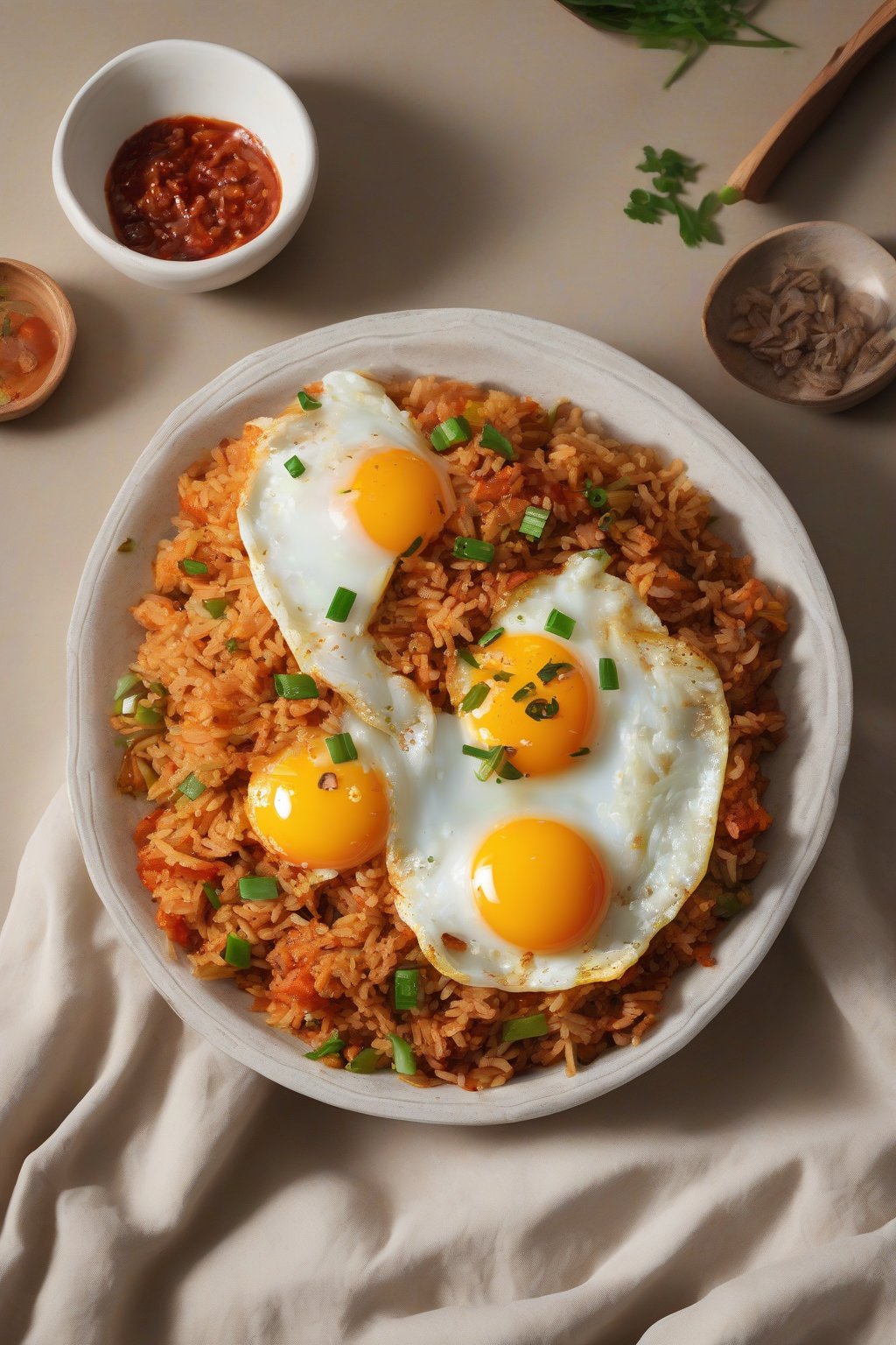A high-resolution photo of spicy kimchi fried rice topped with a fried egg under soft lighting.