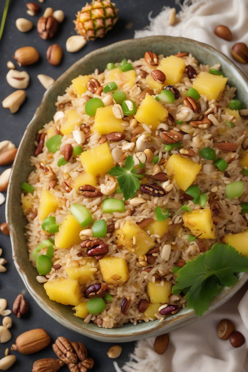 A high-resolution photo of pineapple fried rice with golden chunks of fruit and nuts under soft lighting.