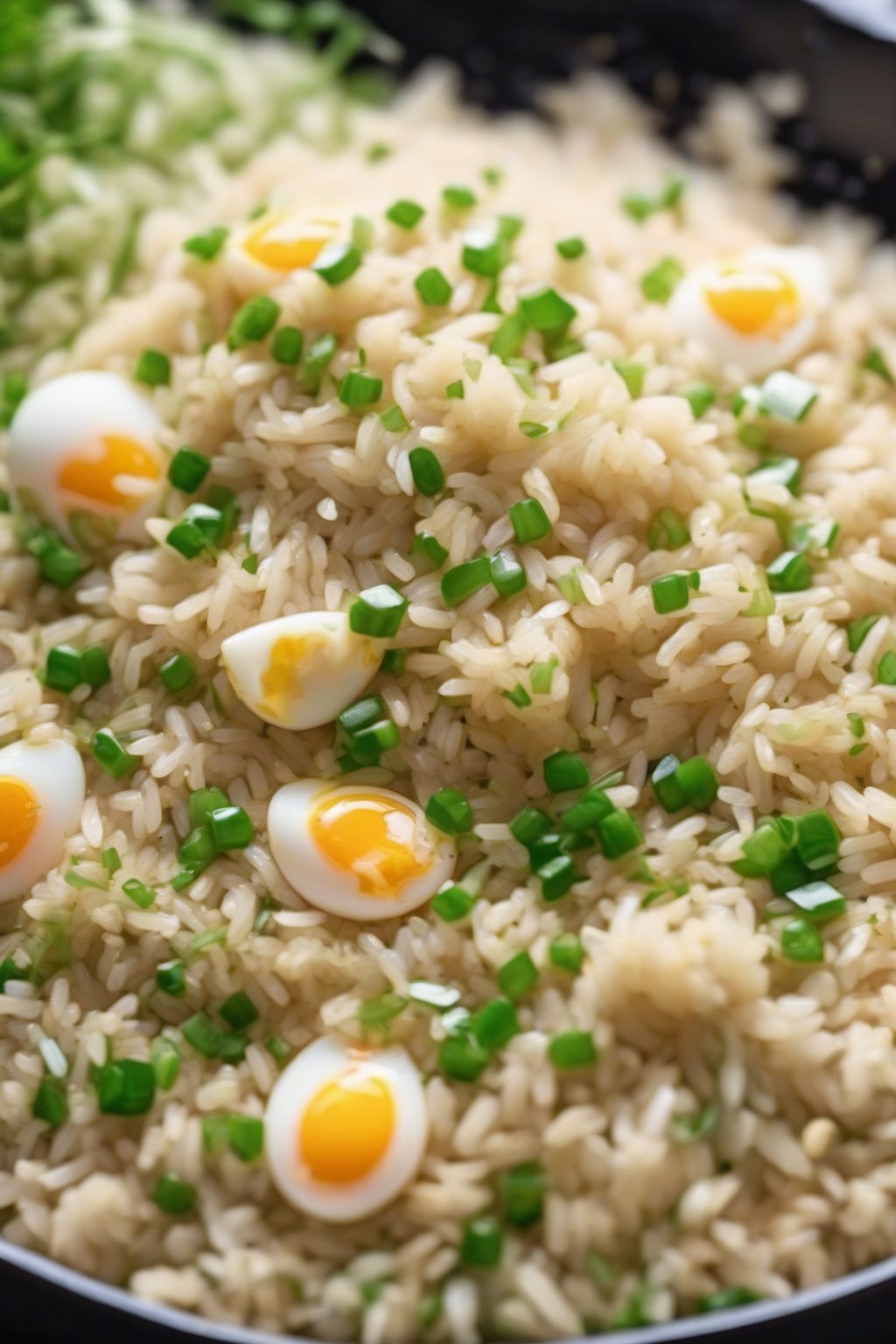 A high-resolution photo of fluffy egg fried rice scattered with chives under soft lighting.