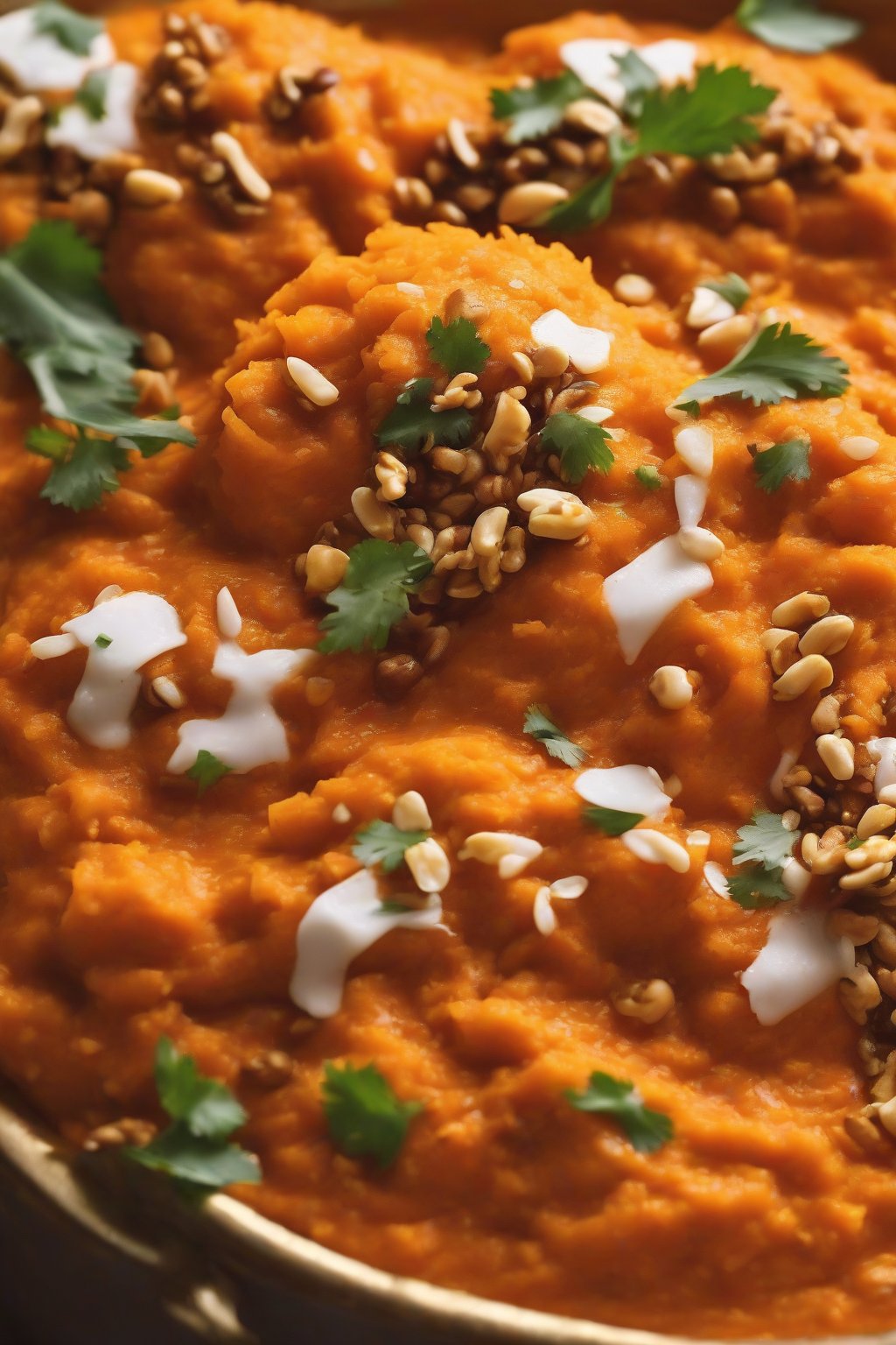 A close-up photo of vibrant orange sweet potato mashed pav bhaji topped with crushed nuts under soft lighting.